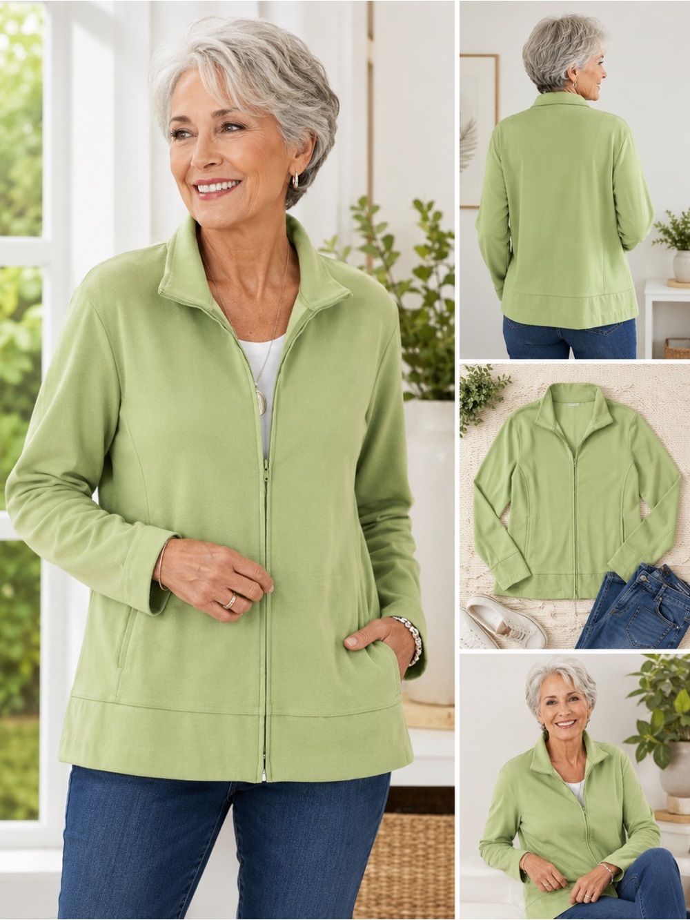 Women’s Joanna Stretch Light Green Zip-Up Jacket | Soft Casual Athleisure Layer